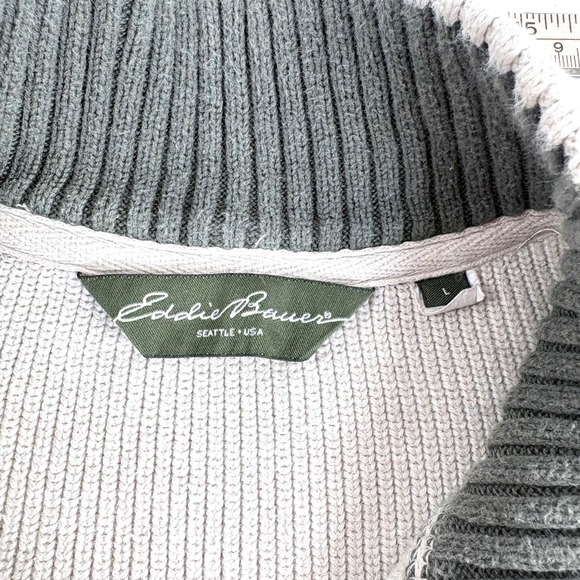 Eddie Bauer Quarter Zip Sweater Cream Striped Ribbed Knit Mens Large Pullover - Picture 4 of 9